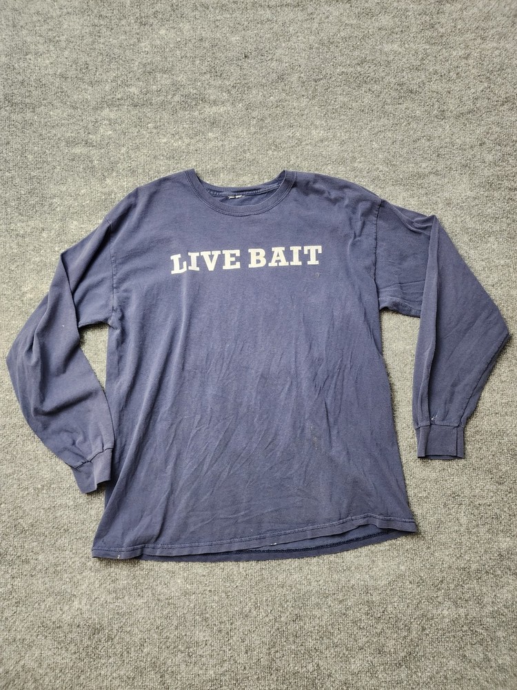 Vintage Live Bait Long Sleeve T-Shirt Blue Fishing Graphic Adult Men’s Tee XXL