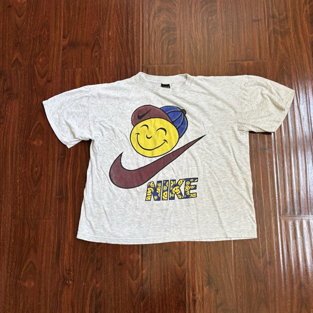 Vtg 90s Nike Smiley Face T-Shirt Size XL USA Swoosh Sports Single Stitch Bootleg