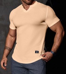 Mens V-Neck Muscle Slim Henley Shirt Workout Gym Athletic Shirt Summer Fashio…