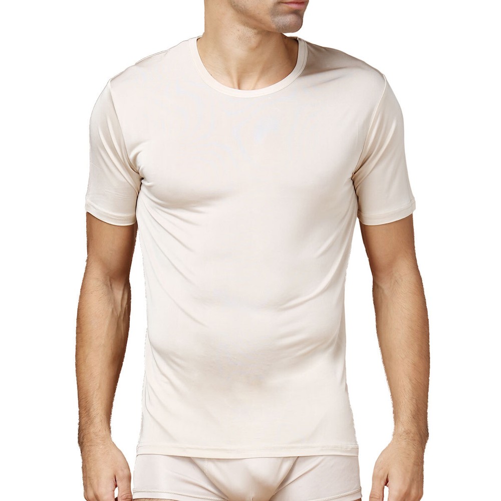 2025 T Shirt Pure Silk Knit Men’s Shirt Round Neck Short Sleeves Solid Us S M L