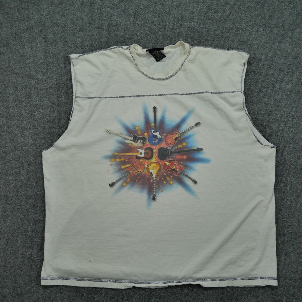 Vintage No Boundaries Tank Top Mens XL White Guitar Art Distressed Y2K