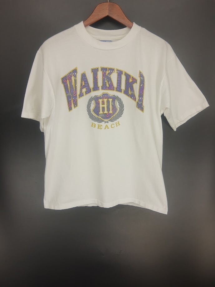 VTG Waikiki Hawaii Men T-Shirt Large White Beach 90s Tee Purple Logo Both Sides
