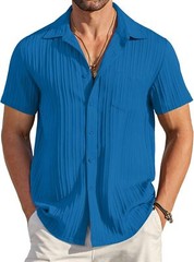Men Casual Button Down Short Sleeve Textured Summer Beach Shirt with Pocket