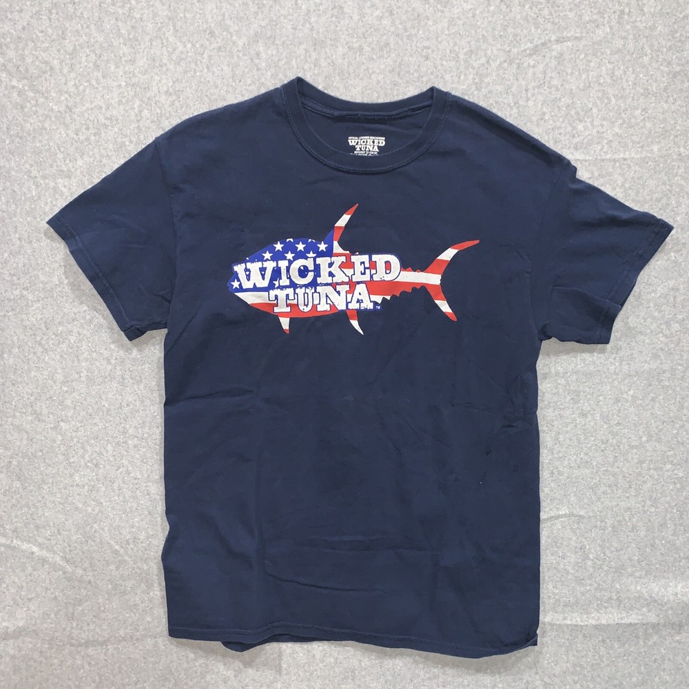 Discovery Channel WICKED TUNA Shirt Short Sleeve Sz M Graphic Print Flag Fishing