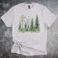 Forest Trees Shirt Watercolor Pine Nature Landscape Birds Tshirt gray