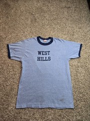 Vintage Collegiate Pacific Shirt Large Blue Ringer Short Sleeve West Hills 70s