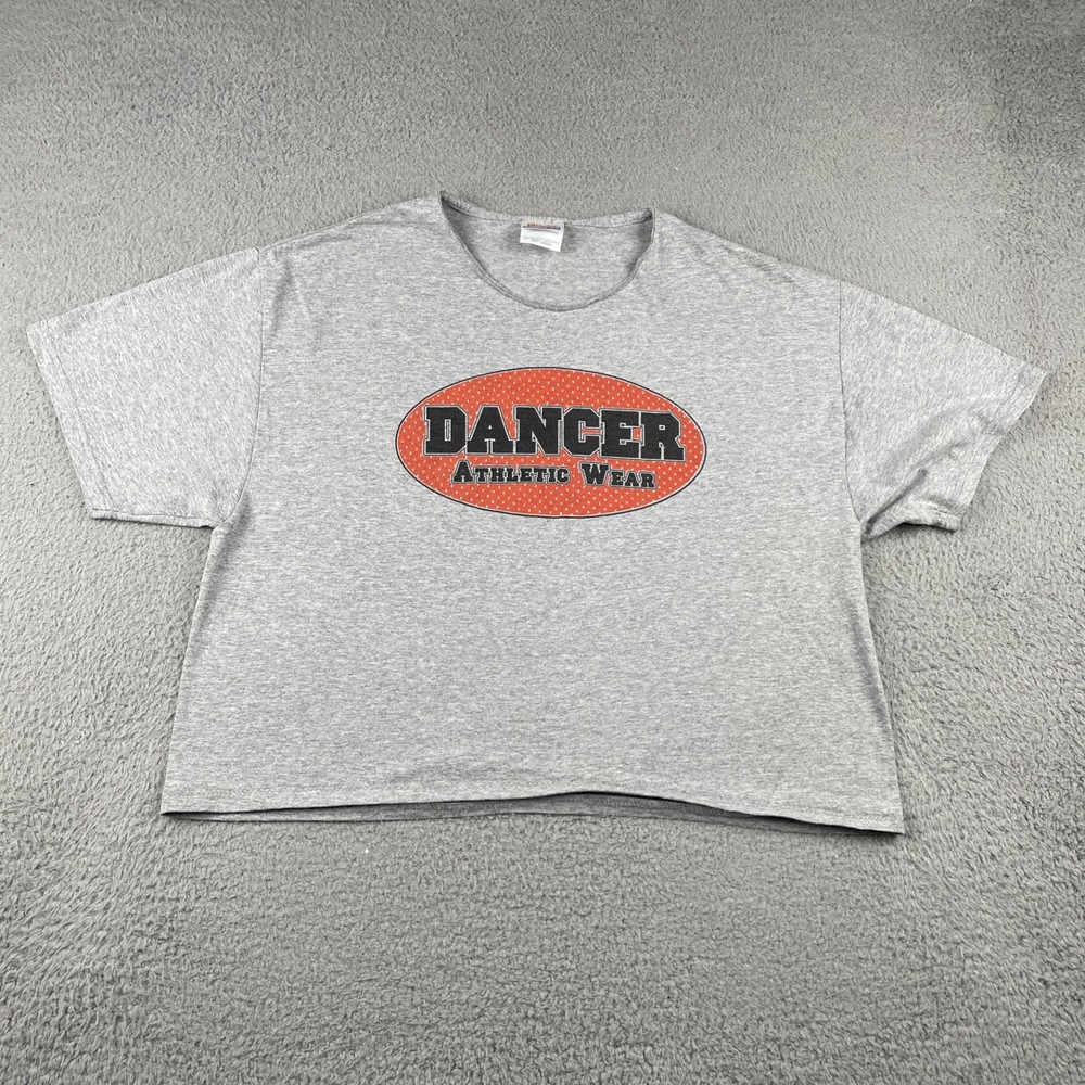 Vtg Hanes Adult Large Gray Short Sleeve Cropped Shirt Dancer Athletic Wear Y2K