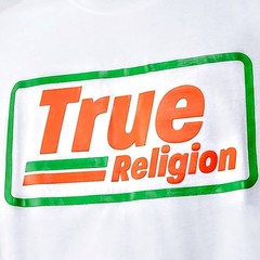 True Religion T-Shirt Men’s XL White Orange Green Jeans Retro Gas Box Logo New