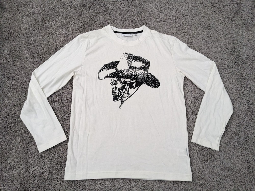 Angelo Litrico T-Shirt Mens Medium Cowboy Skull Western Rhinestone Racer White