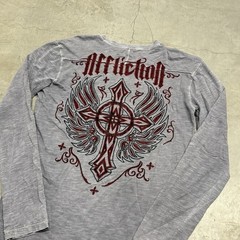 Vintage Y2K Affliction Mens Henley Size Medium Grunge Cross Skull Angel Biker