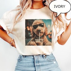 Cute Goldendoodle Drinking Iced Coffee T-Shirt, Dog Lover Gift, Coffee Dog Shirt