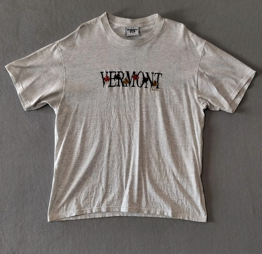 Lee Jeans Vintage 1996 Vermont Fall Autumn Embroidered Cotton T-shirt Grey Large