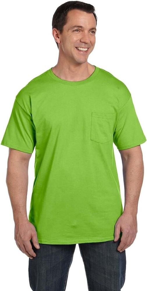 Mens Hanes Beefy-T 5190 Lime Green Cotton Long Sleeve Pocket T-Shirt Size M NWT