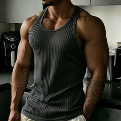 2026 New Men’s Rib Knit Tank Tops Elastic Slim Fit Fitness Gym Vest