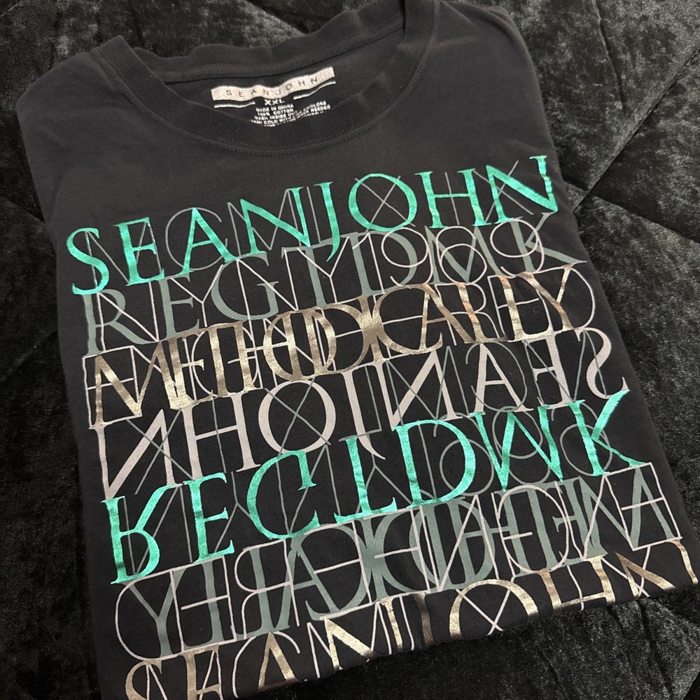 Sean John Vtg 90s Puff Daddy Rap Tee Shirt Size XXL Black Multi Color Logo