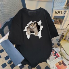 Cute Cat Graphic Tee Kitten Peek Hole Funny T-Shirt Casual Cotton Shirt