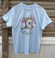 NEW pink flower eyes closed cat short sleeve light blue T shirt – Medium
