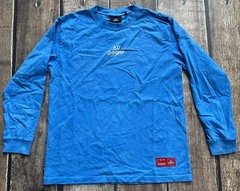 100 THIEVES LONG SLEEVE CREWNECK T-SHIRT BLUE MENS MEDIUM USA MADE GREAT SPOTS