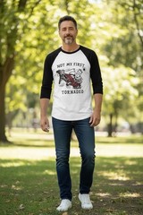 Handmade Men’s White/Black Graphic Crew Neck 3/4 Sleeve Cotton Raglan T-Shirt XL