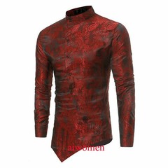 Men Printed Shirt Vintage Long Sleeve Grandad Collar Top Asymmetric Hem Slim YM0