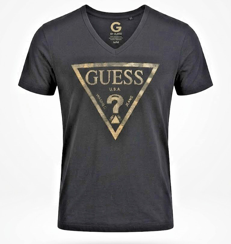 GUESS Men’s V-Neck Graphic T-Shirt – Black with Gold Triangle Logo – Size Medium