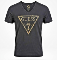 GUESS Men’s V-Neck Graphic T-Shirt – Black with Gold Triangle Logo – Size Medium
