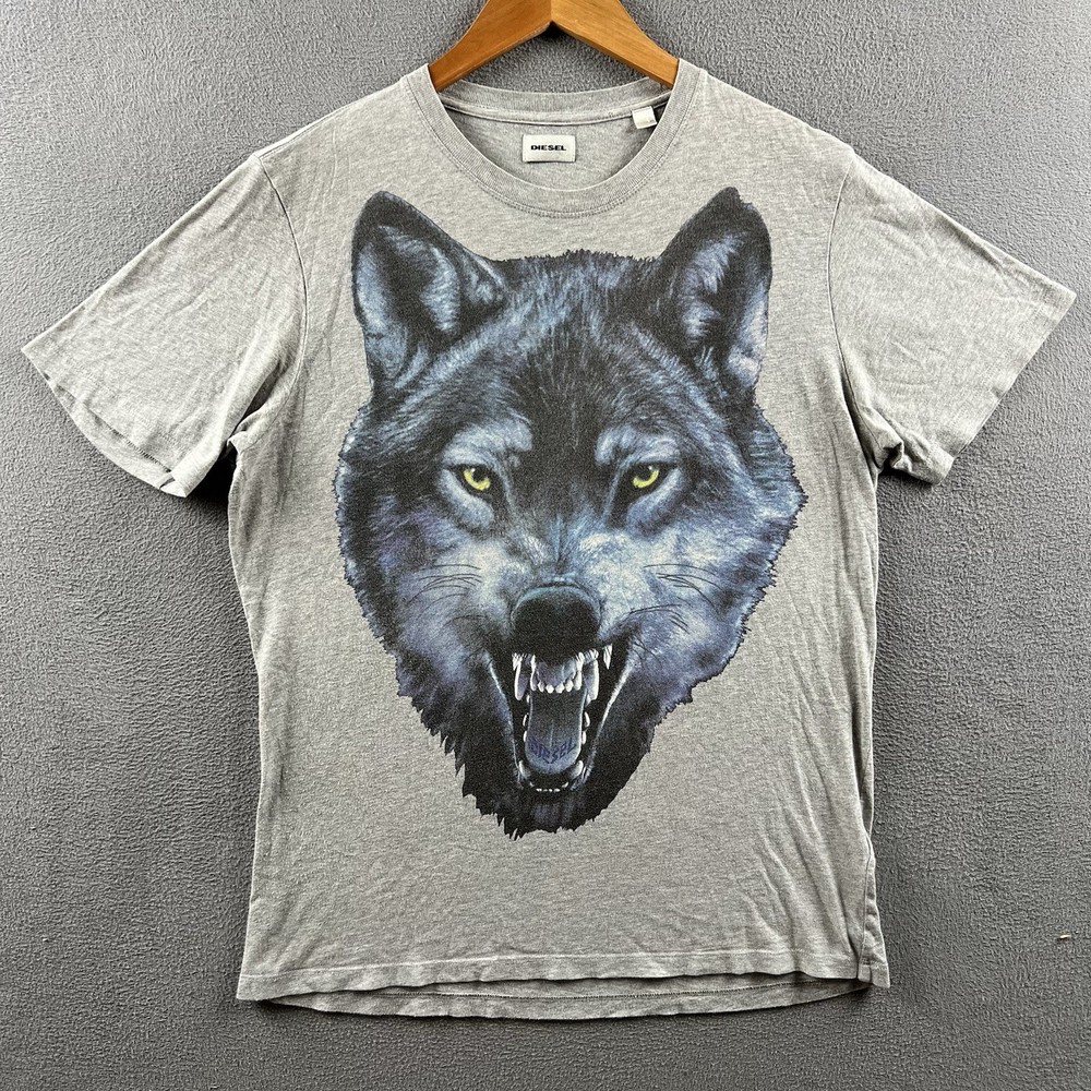 Diesel Shirt Mens Large Gray Short Sleeve Crewneck Nature Wolf Graphic Tee Top