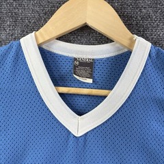VTG 70s Nylon Mesh Flock Printed V Neck Jersey Mens M Blue Baseball Football