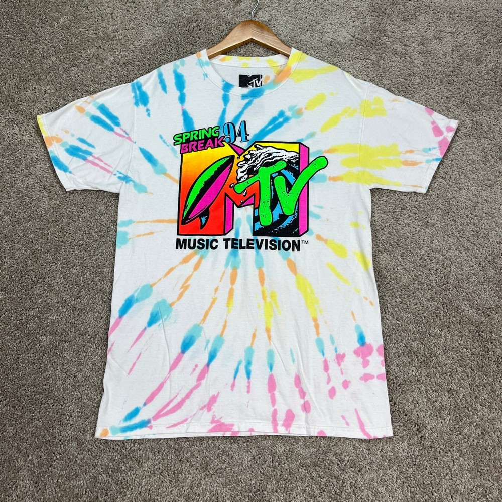MTV T-Shirt Mens Medium White Tie Dye Short Sleeve Spring Break 94 Graphic Retro