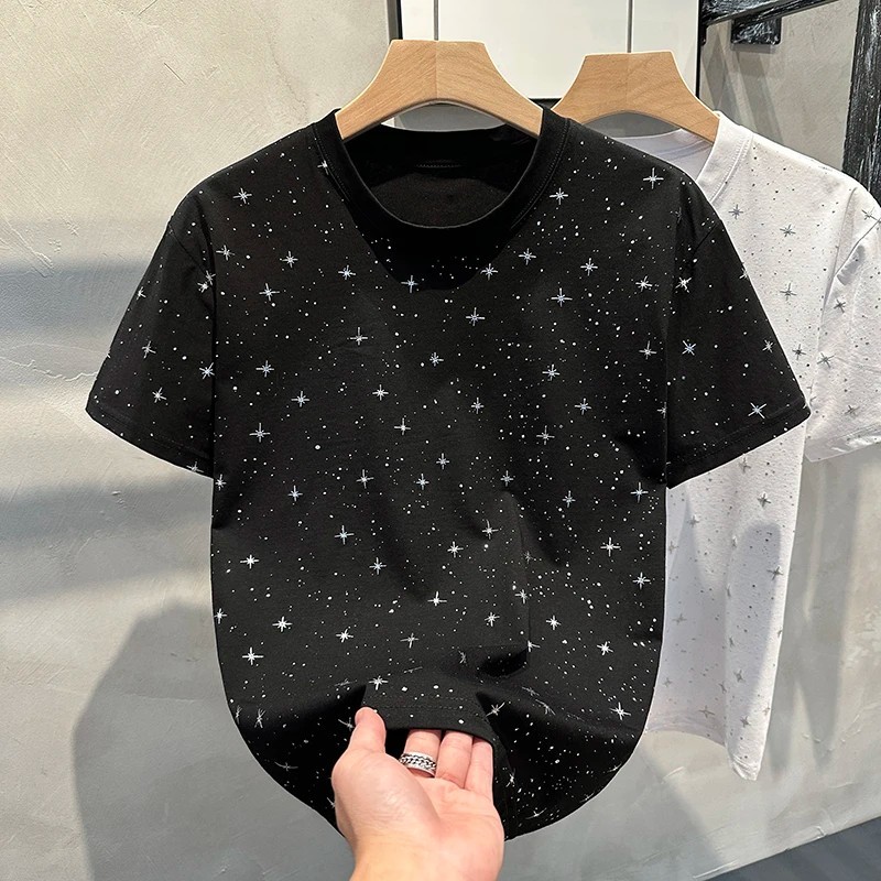 Sparkly Star Sequin Men’s Short Sleeve T-Shirt Casual Cotton Blend Crew Neck Tee