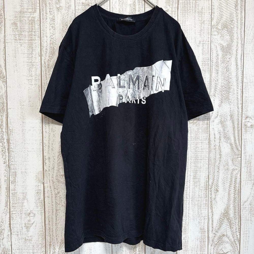 Balmain Metallic Logo Crew Neck T-Shirt Black Cotton, Kurzarm, Large Fit,
