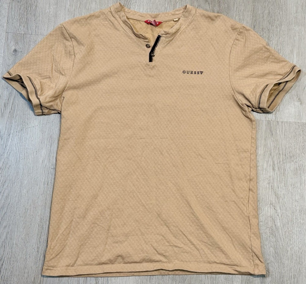 Guess Button Tee Shirt Mens Size M Beige Short Sleeve Casual Classic