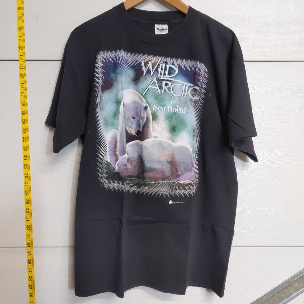 SeaWorld Wild Arctic Polar Bear Graphic Black T Shirt Made in USA XL Art Vintage