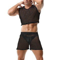 Men 2 Piece Set Fishnet Crop Tops Mesh See-Through Vests Undershirts With Shorts