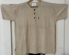 Men’s L Size Beige Color 100% Hemp Henley Short Sleeve Woven T-Shirt Pocket