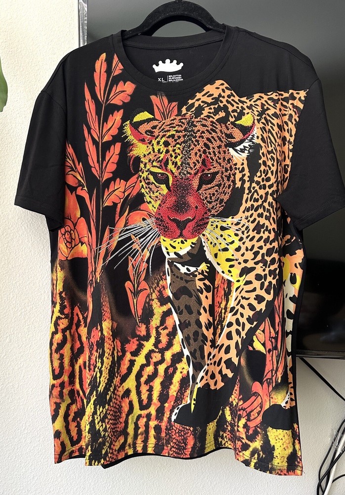 Heads or Tails Men’s Rainstones Beaded / Black / Tiger T-shirt Size XL