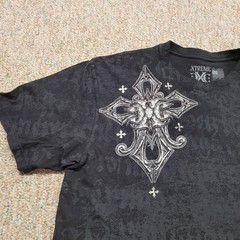 Xtreme Couture Shirt Mens 2XL Black All Over Print Cross Wings Tribal Grunge