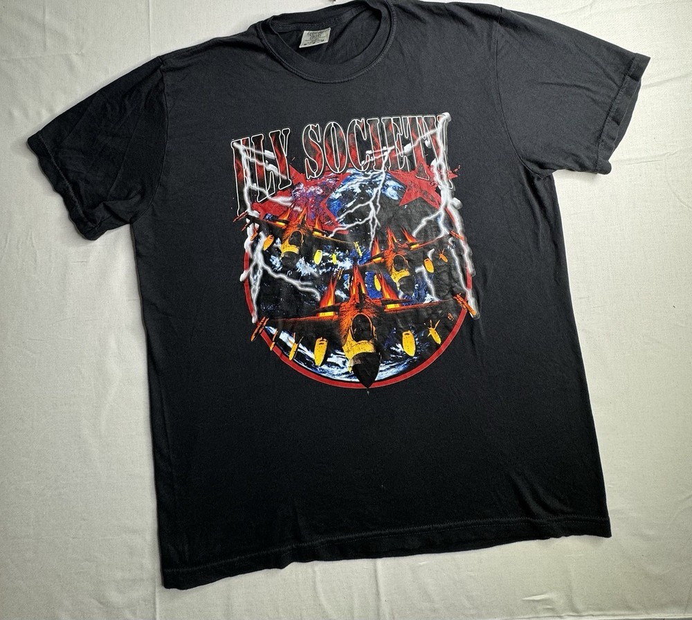 Fly Society Comfort Colors Graphic Tee Shirt Mens Medium M Black Fighter Jet