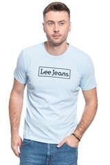 Lee Jeans Logo Print T-Shirt Men Medium Cotton Regular Fit Short Sleeve Sky Blue