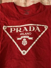PRADA Milano Red Cotton T-shirt In XL White Logo Crystal Accents Short Sleeve