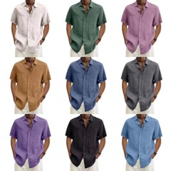 Mens Cotton Linen Short Sleeve Dress Shirt Button Down Loose Blouse Tops Solid