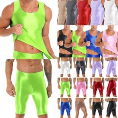Mens Oily Glossy Tank Top High Waist Shorts Sets Shiny Sports Tights Swimwear