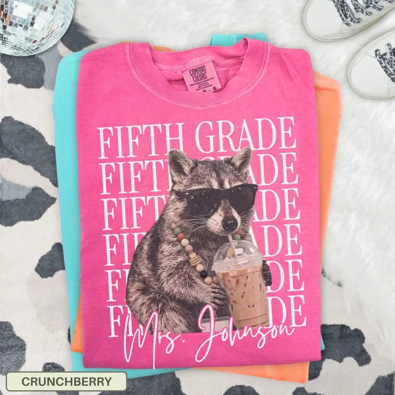 Personalized Fifth Grade Teacher Shirt Raccoon Iced Coffee Funny Teacher Gift
