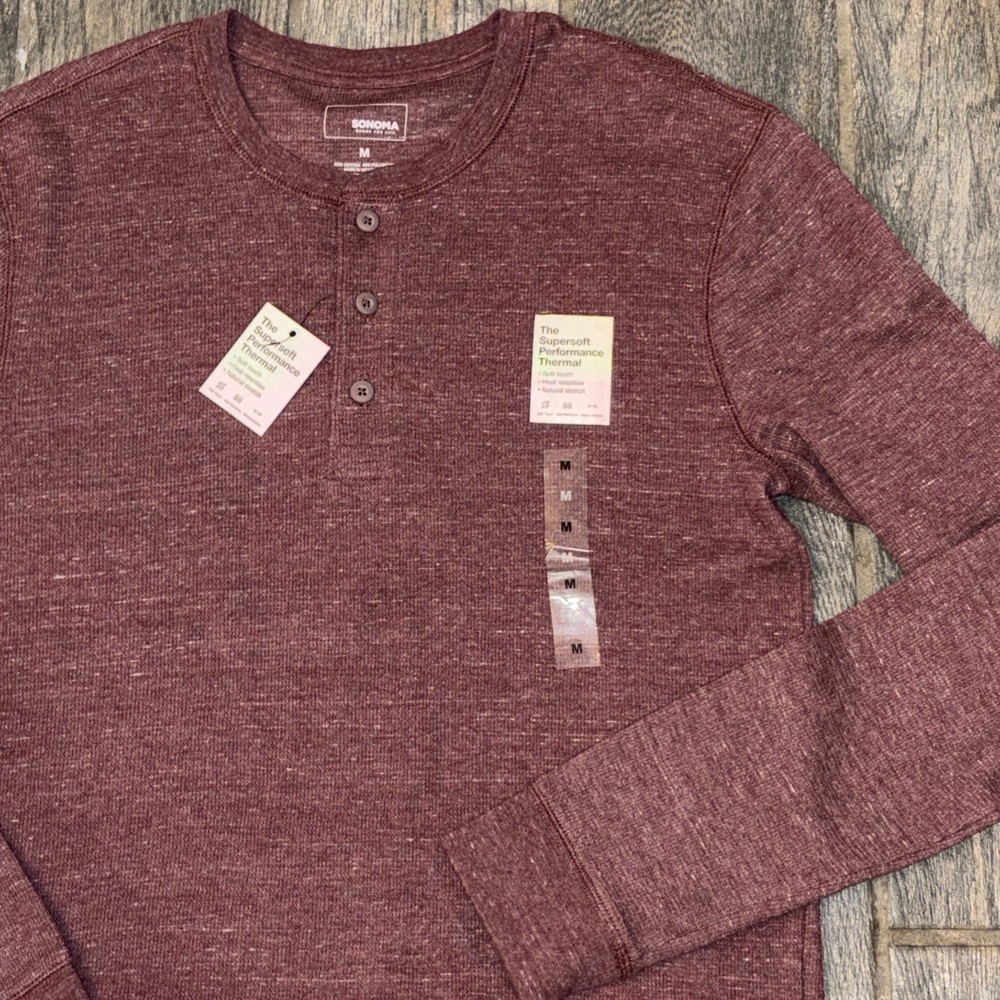 Sonoma Thermal Henley Shirt Men M Maroon Extra Soft Cotton Stretch Warm Gift NWT
