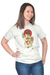 Snowman Merry Christmas Tree Winter Scene Womens Short Sleeve Crewneck Tee