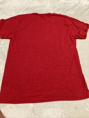 Guns And Roses Red Shirt With Skull Design Wearing A Blue And Black Hat.