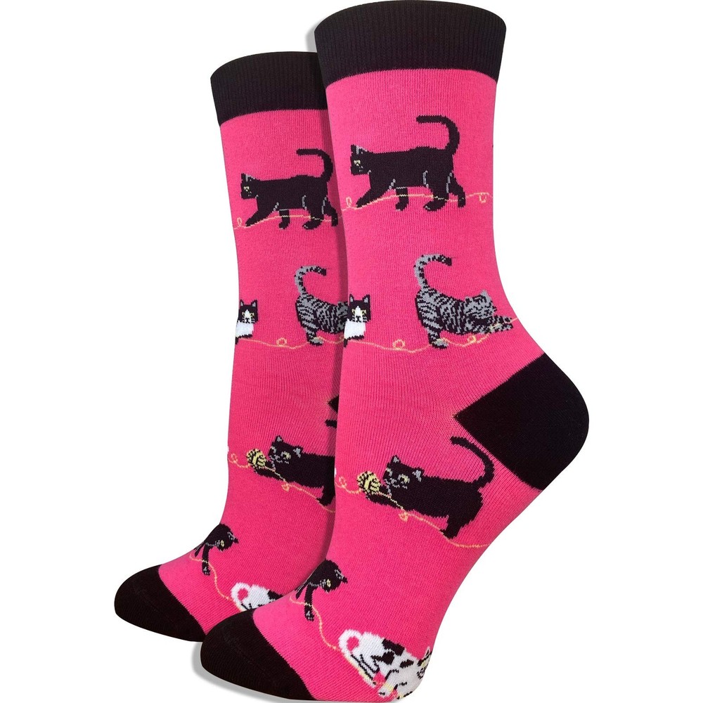 Womens Premium Comfort Animal Socks, Pink Cats, Size 4-10, Cute, Novelty, Crew