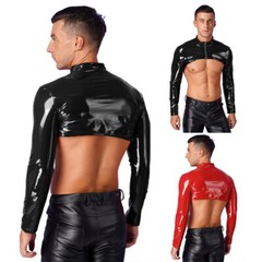 US Mens Shrug Stand Collar Clubwear Long Sleeve Crop Top Patent Leather Slim Top
