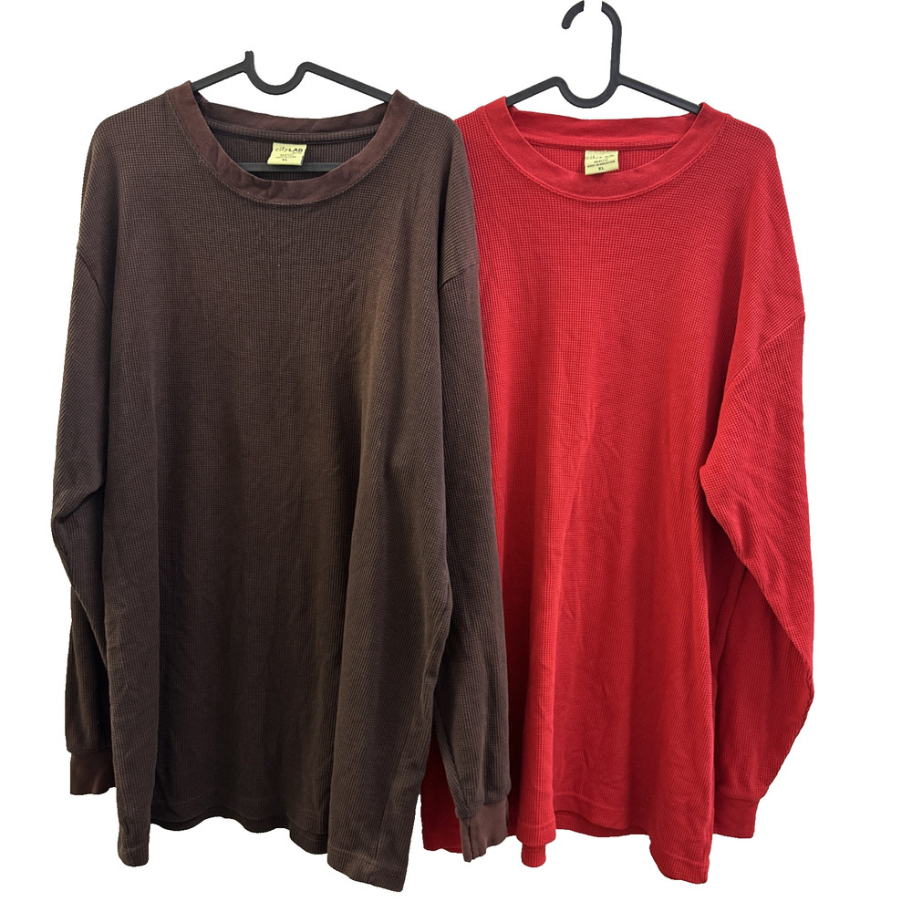 Lot (2) City Lab Classic Waffle Thermal Long Sleeve Brown/Red Shirt Mens XL