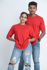 NWT Cotton Crew Neck Oversized Unisex T-Shirts Color Red Size S, M, L, XL, XXL